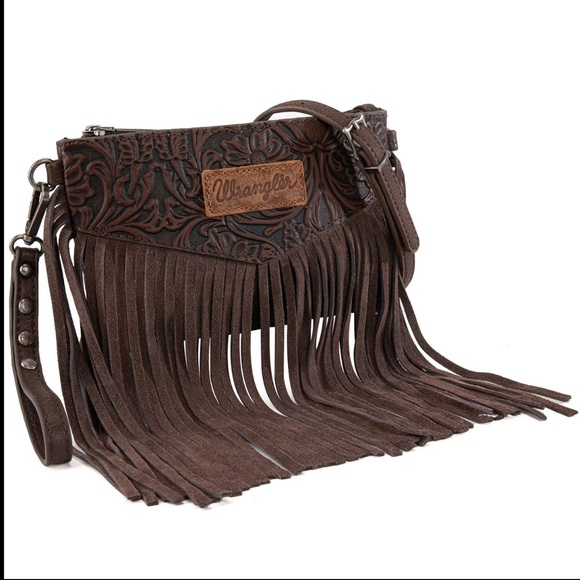 Wrangler Handbags - Wrangler Dark Brown Embossed Fringe Clutch